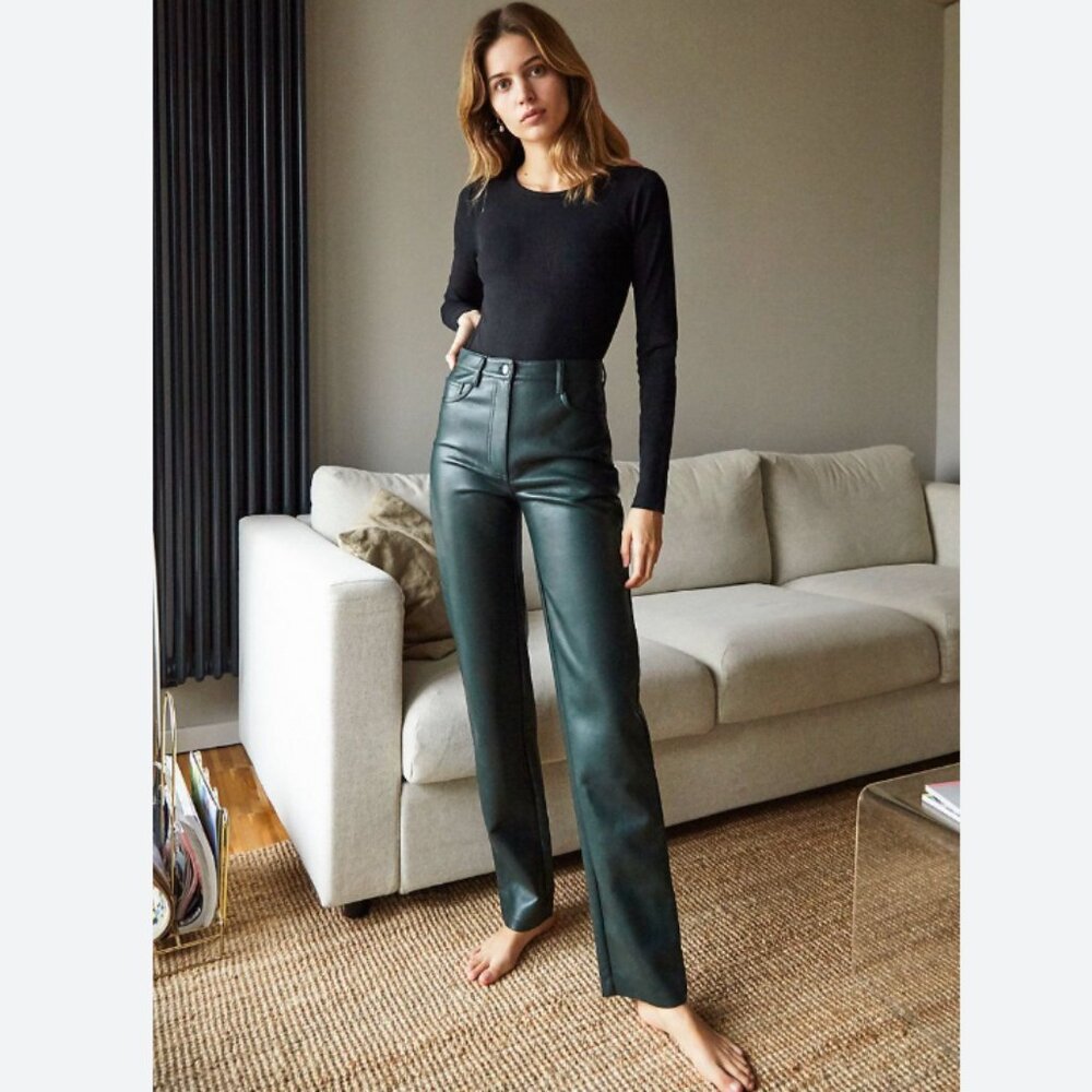 Aritzia Dark Green Faux Leather High-Rise Straight Pants